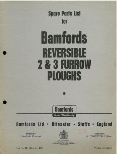 Bamford Reversible 2 & 3 Furrow Plough Parts Manual - Dated 1963