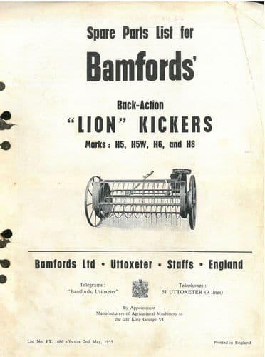 Bamford Tedder Back Action "Lion" Kickers Mark H5 H5W H6 & H8 Tedder Parts Manual