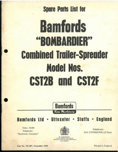 Bamfords Bombardier Combined Trailer Spreader Parts Manual - Model Nos CST2B & CST2F