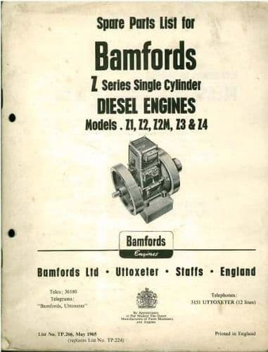Bamfords Diesel Engine Z Series - Models Z1 Z2 Z2M Z3 Z4 Parts Manual