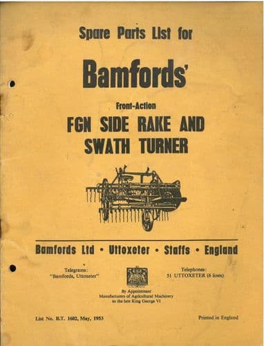 Bamfords Front Action FGN Side Rakes & Swath Turners Parts Manual
