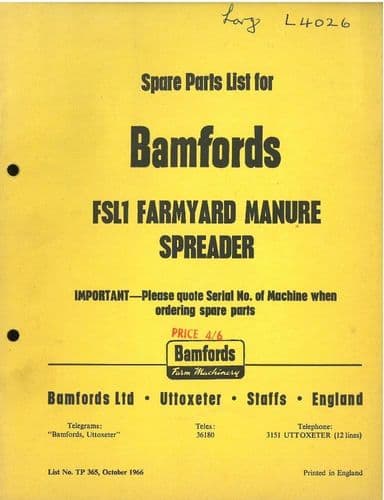 Bamfords FSL1 Farmyard Manure Spreader Parts Manual
