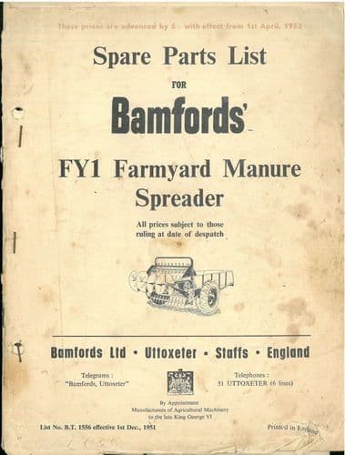 Bamfords FY1 Farmyard Manure Spreader Parts Manual