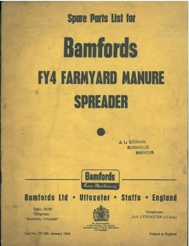 Bamfords FY4 Farmyard Manure Spreader Parts Manual