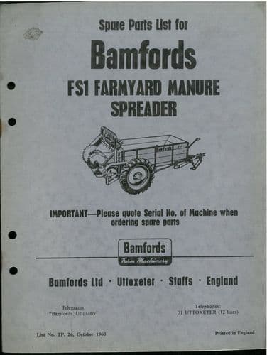 Bamfords Manure Spreader - Model FS1 Parts Manual