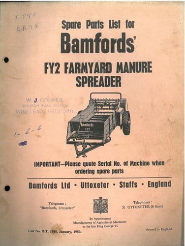 Bamfords Manure Spreader - Model FY2 Parts Manual