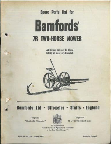 Bamfords Mower  7R Two-Horse Mower Parts Manual