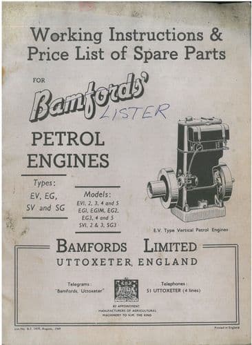 Bamfords Petrol Engine EV EG SV & SG Operators & Parts Manual