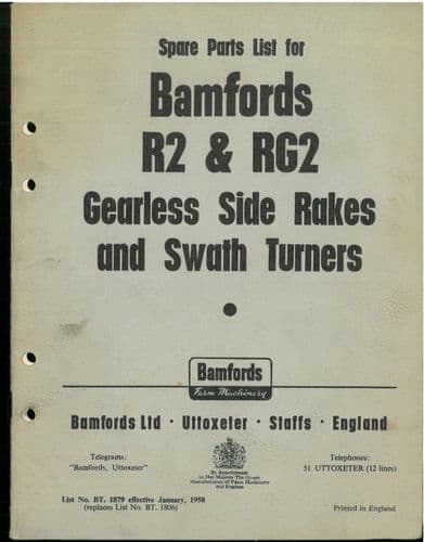 Bamfords R2 & RG2 Gearless Side Rakes & Swath Turners Parts Manual - ORIGINAL