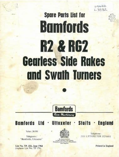 Bamfords R2 & RG2 Gearless Side Rakes & Swath Turners Parts Manual