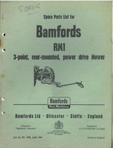Bamfords RM1 Three Point Rear Mounted Mower Parts Manual