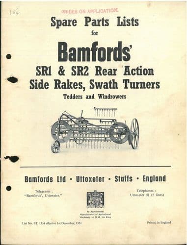 Bamfords Tedders & Windrowers SR1 SR2 Rear Action Side Rakes, Swath Turners Parts Manual