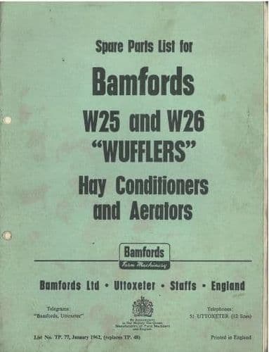 Bamfords W25 & W26 Wuffler Tedder Hay Conditioner & Aerator Parts Manual