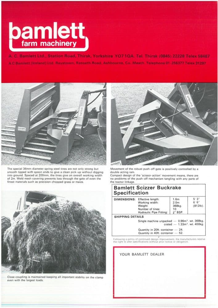 Bamlett Farm Machinery Scizzer Buckrake Specification Brochure