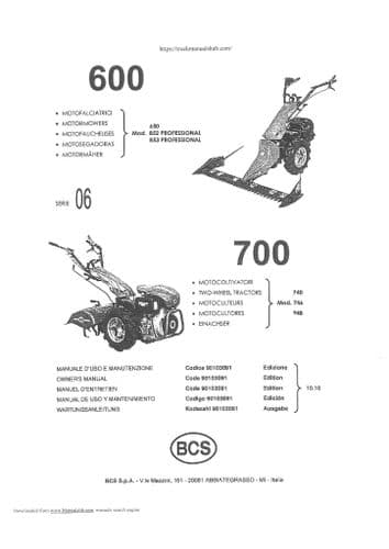 BCS Two Wheel Tractor 650 852 853 740 746 948 - 06 Series - Operators Manual