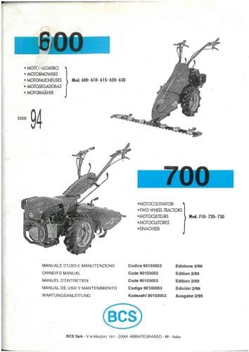 BCS Walking Tractor 600 610 615 620 630 710 720 730 - Serie 94 - Operators Manual