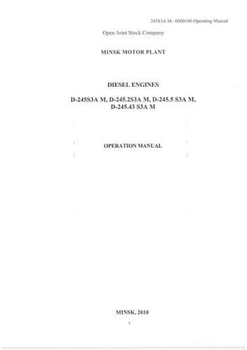 Belarus Diesel Engine D-245S3AM, D-245.2S3AM, D-245.5S3AM, D-245.43S3AM Operators Manual