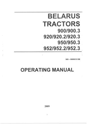 Belarus Tractor 900, 900.3, 920, 920.2, 920.3 950, 950.3, 952, 952.2, 952.3 Operators Manual