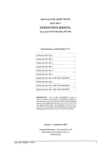 Bell Articulated Dump Truck ADT MkV B18D B20D B25D B30D B35D B40D B50D 6x4 6x6 Operators Manual
