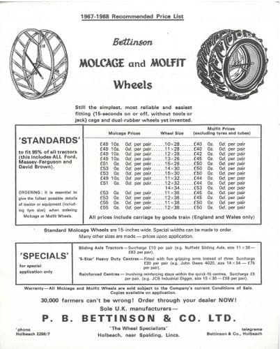 Bettinson Molcage and Molfit Wheel Price List 1967-68