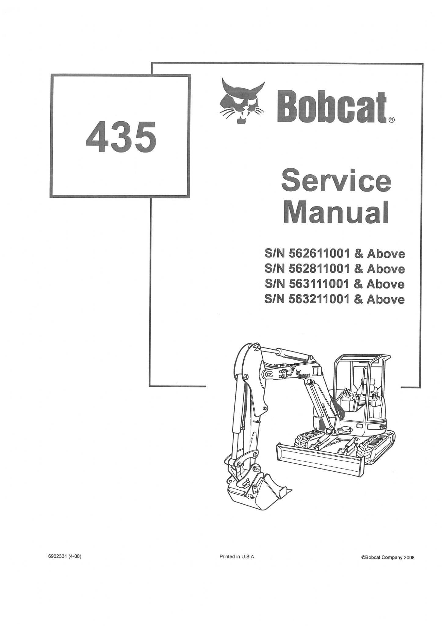 Bobcat Compact Excavator 435 Service Manual
