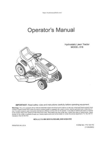 Bolens Hydrostatic Lawn Tractor 618 Operators Manual