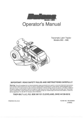 Bolens Transmatic Lawn Tractor 660 - 688 Operators Manual