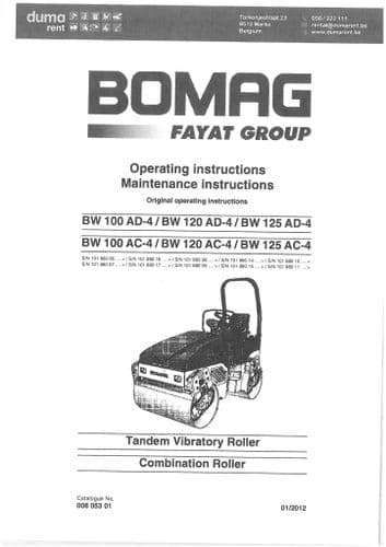 Bomag Roller BW100AD-4, BW100AC-4, BW120AD-4, BW120AC-4, BW125AC-4, BW125AD-4 Operators Manual