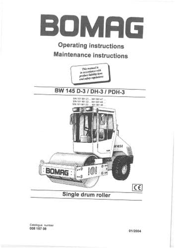 Bomag Single Drum Roller BW145 D-3, BW145 DH-3, BW145 PDH-3 Operators Manual