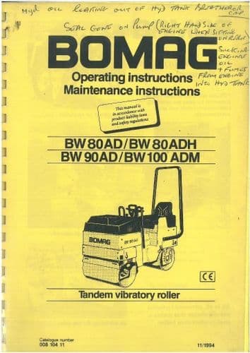 Bomag Tandem Vibrating Roller BW80AD, BW80ADH, BW90AD, BW100ADM Operators Manual - BW 80 90 100 AD