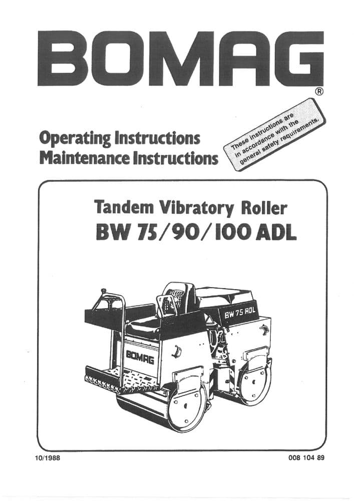 Bomag Tandem Vibratory Roller BW 75 90 100 ADL Operators Manual