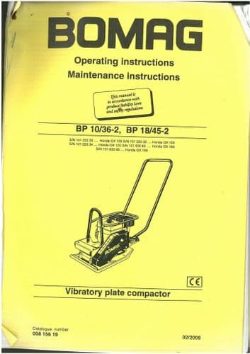 Bomag Vibratory Plate Compactor BP 10/36-2 18/45-2 Operators Manual