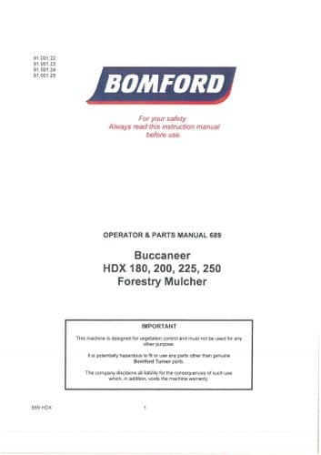 Bomford Forestry Mulcher Buccaneer HDX 180 200 225 250 Operators and Parts Manual