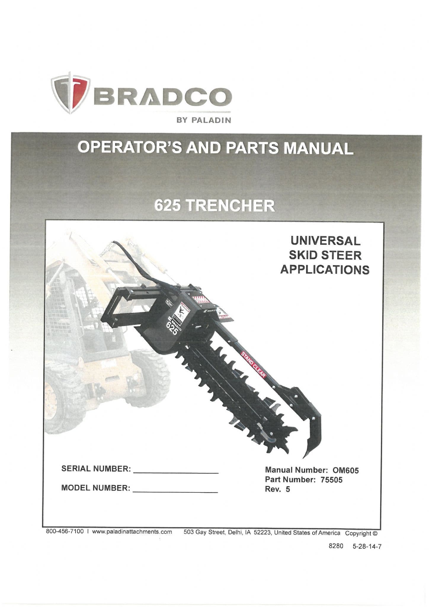 Bradco Trencher Attachment 625 Operators Manual and Spare Parts List