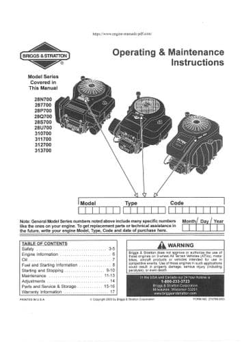 Briggs and Stratton Engine 28N700 287700 28P700 28Q700 28S700 28U700 310700 311700  Operators