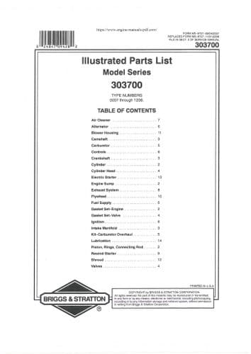 Briggs and Stratton Engine 303700 Parts Manual