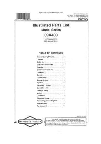 Briggs & Stratton Engine 09A400 Parts Manual