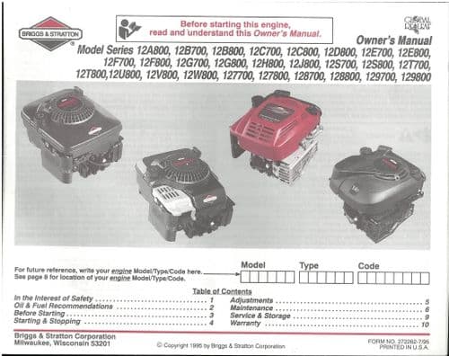 Briggs & Stratton Engine 12A/B/C/D/E/F/G/H/J/S/T/U/V/W 700/800 Operators Manual