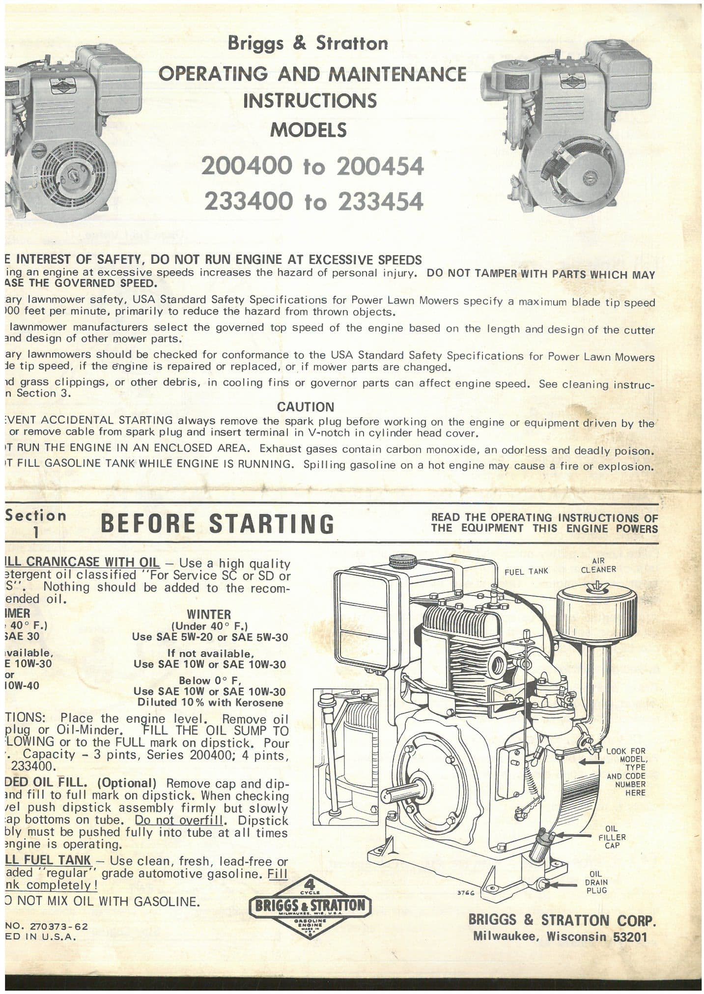 Briggs & Stratton Engine 200400 to 200454 & 233400 to 233454 Operators ...