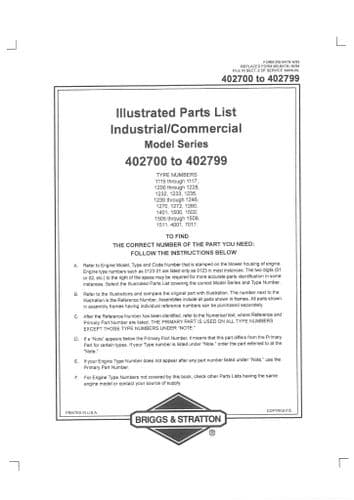 Briggs & Stratton Engine 402707 Parts Manual