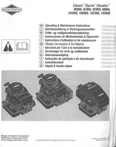 Briggs & Stratton Engine Classic, Sprint, Quattro 10A900 10B900 10C900 10D900 98900 Operators Manual