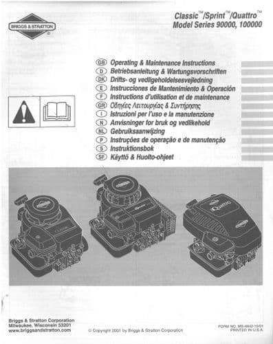 Briggs & Stratton Engine Classic, Sprint, Quattro 90000 10000 Operators Manual