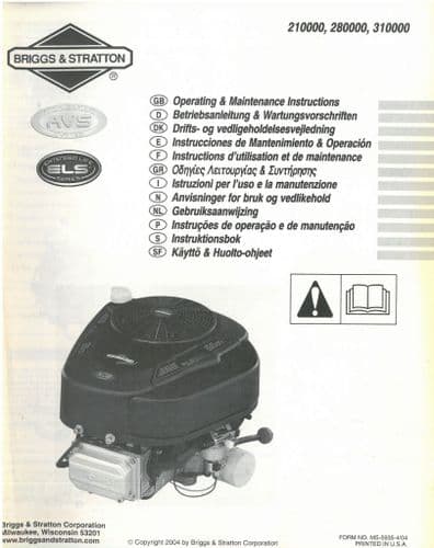 Briggs & Stratton Engines 210000, 280000 & 310000 Operators Manual