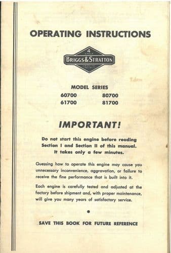 Briggs & Stratton Engines60700 61700 80700 81700 Operators Manual