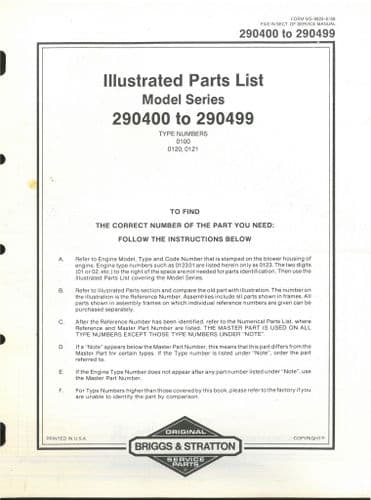 Briggs & Stratton Model Series 290400 To 290499 Parts Manual