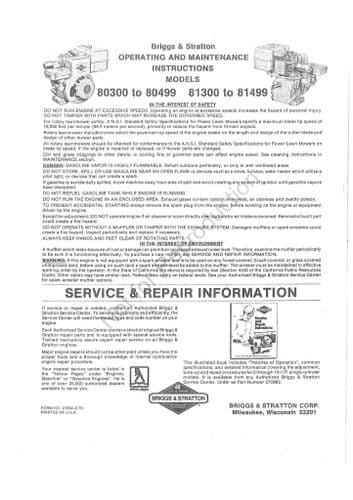Briggs & Stratton Model Series 80300 to 80499, 81300 to 81499 Operators Manual