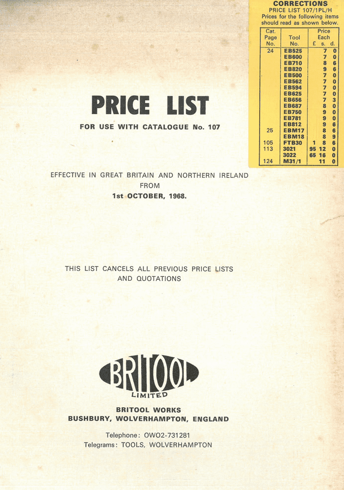 Britool Limited Price List October 1968