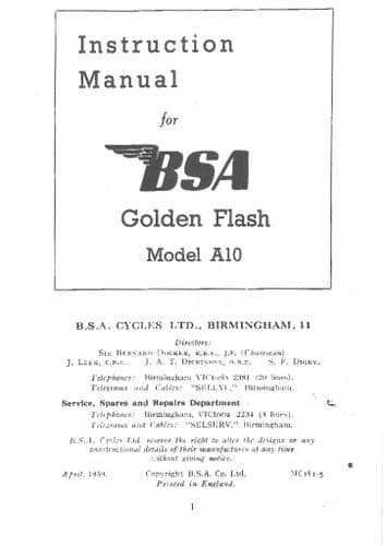 BSA Engine A10 Golden Flash Operators Manual