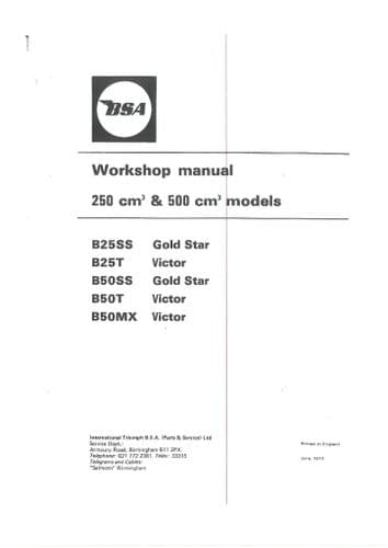 BSA Engine B25SS B25T B50SS B50T B50MX Goldstar & Victor Workshop Service Manual