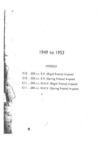 BSA Engine C10 250cc SV & C11 250cc OHV Spring & Rigid Frame 1949-1953 Parts Manual